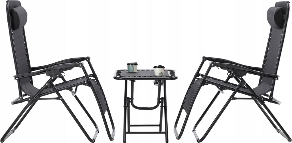 Set 2 sezlonguri pliabile 90x65x110 cm cu masuta 50x50x50 cm, textilene si cadru metalic, negru