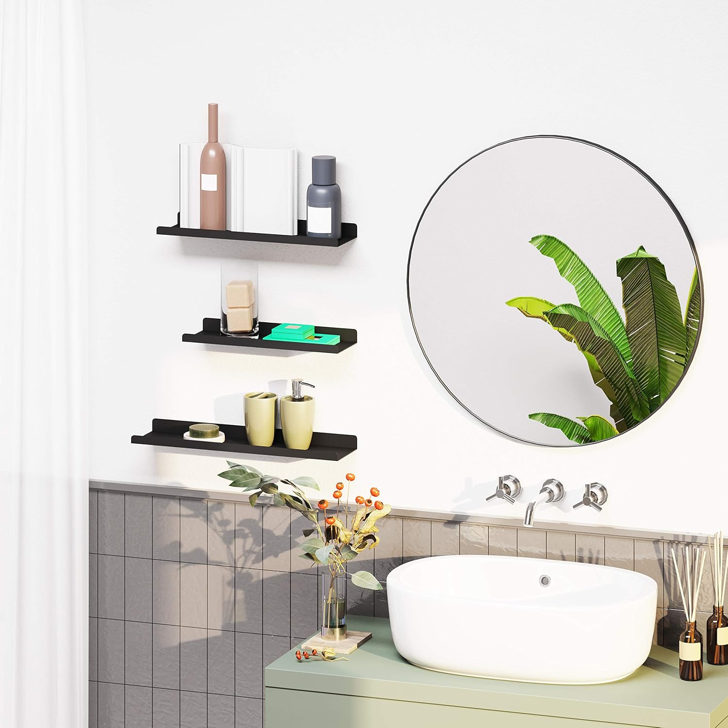 SONGMICS Set 3 rafturi perete metalice, montaj suspendat, stil industrial, 40x10x2,5 cm, negru