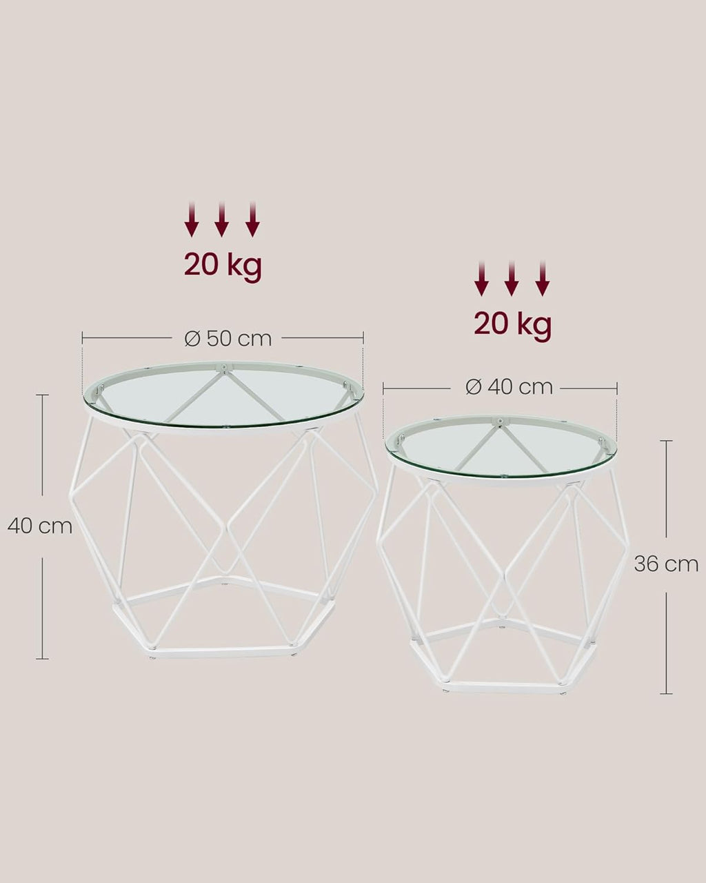 VASAGLE Set 2 masute rotunde, blat sticla securizata, cadru metalic alb, 40 si 50 cm, alb