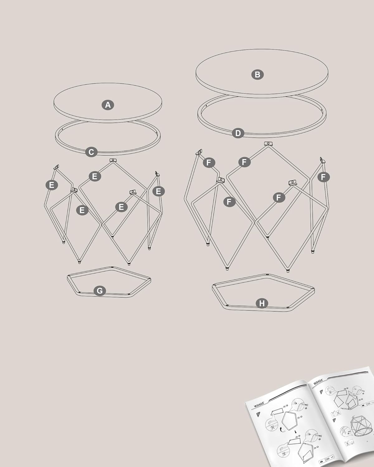 VASAGLE Set 2 masute rotunde, blat sticla securizata, cadru metalic alb, 40 si 50 cm, alb