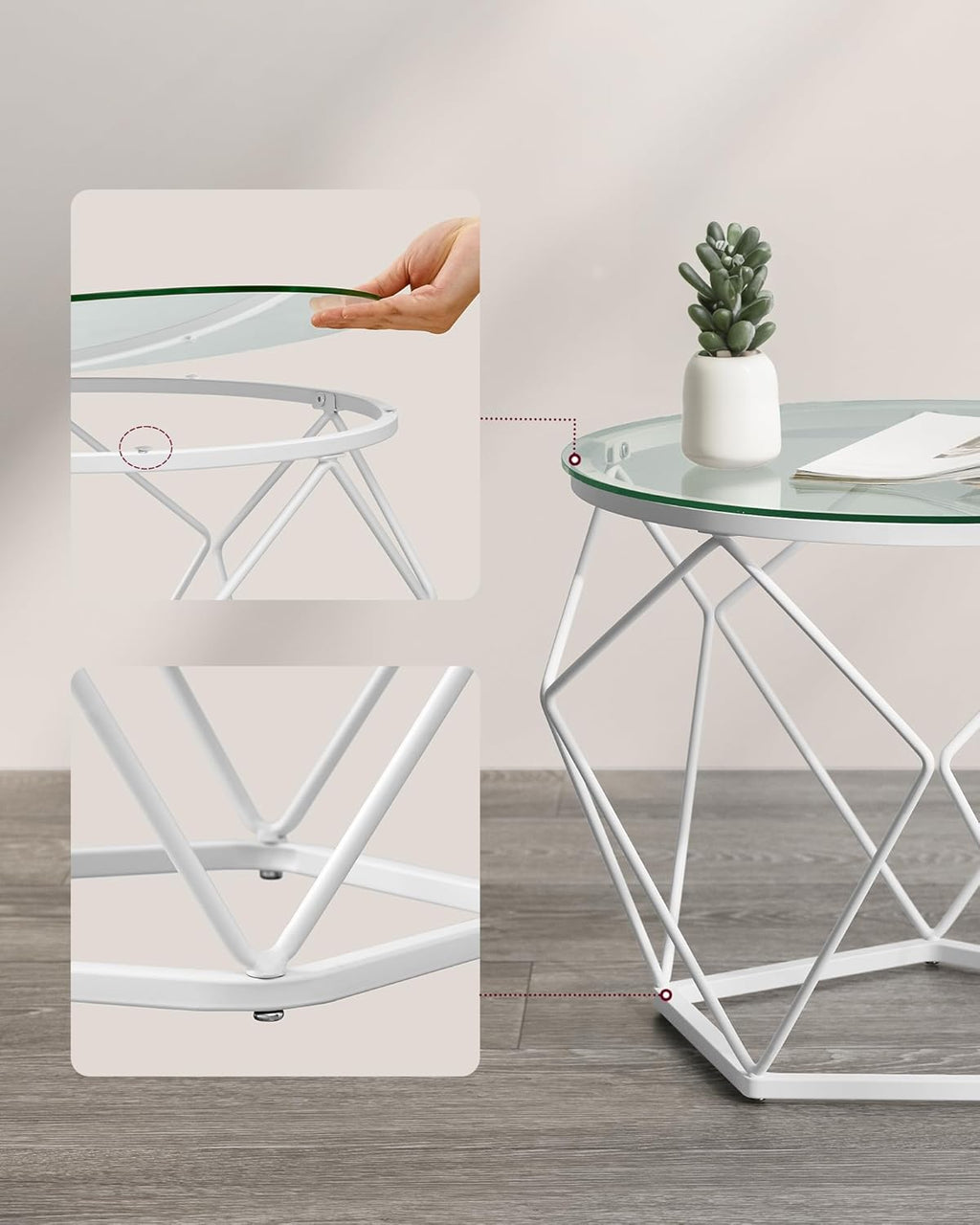 VASAGLE Set 2 masute rotunde, blat sticla securizata, cadru metalic alb, 40 si 50 cm, alb