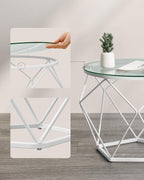 VASAGLE Set 2 masute rotunde, blat sticla securizata, cadru metalic alb, 40 si 50 cm, alb