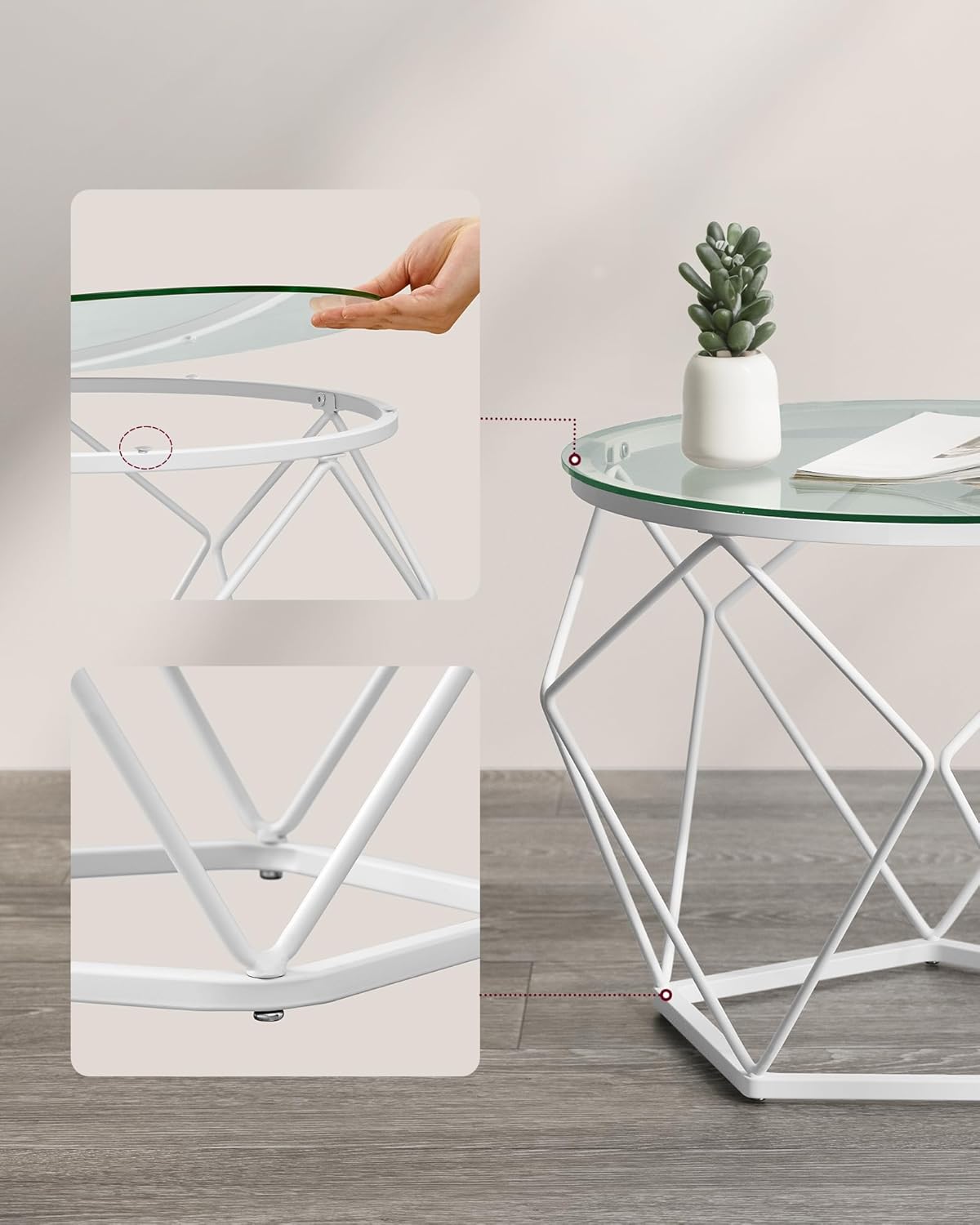 VASAGLE Set 2 masute rotunde, blat sticla securizata, cadru metalic alb, 40 si 50 cm, alb