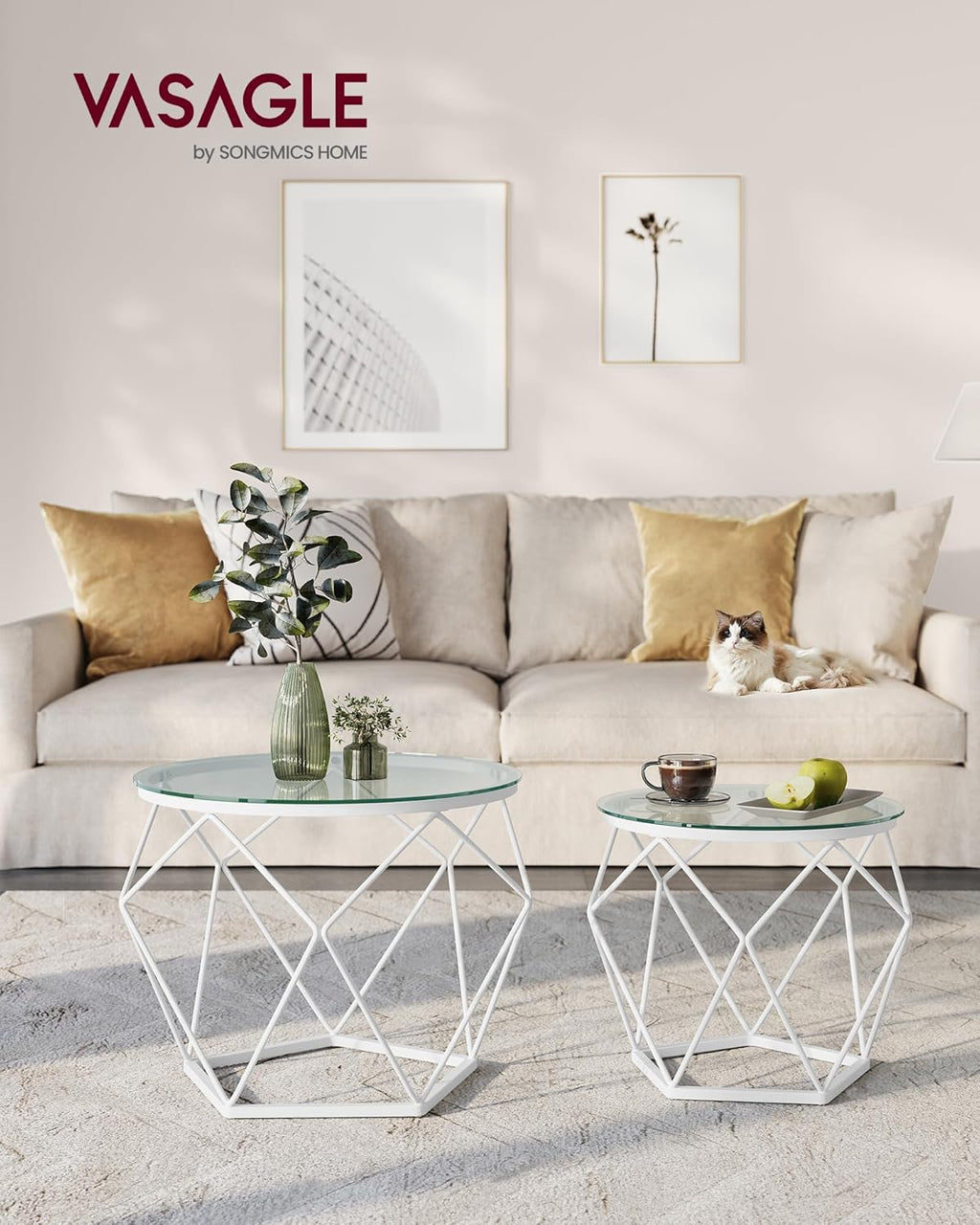 VASAGLE Set 2 masute rotunde, blat sticla securizata, cadru metalic alb, 40 si 50 cm, alb