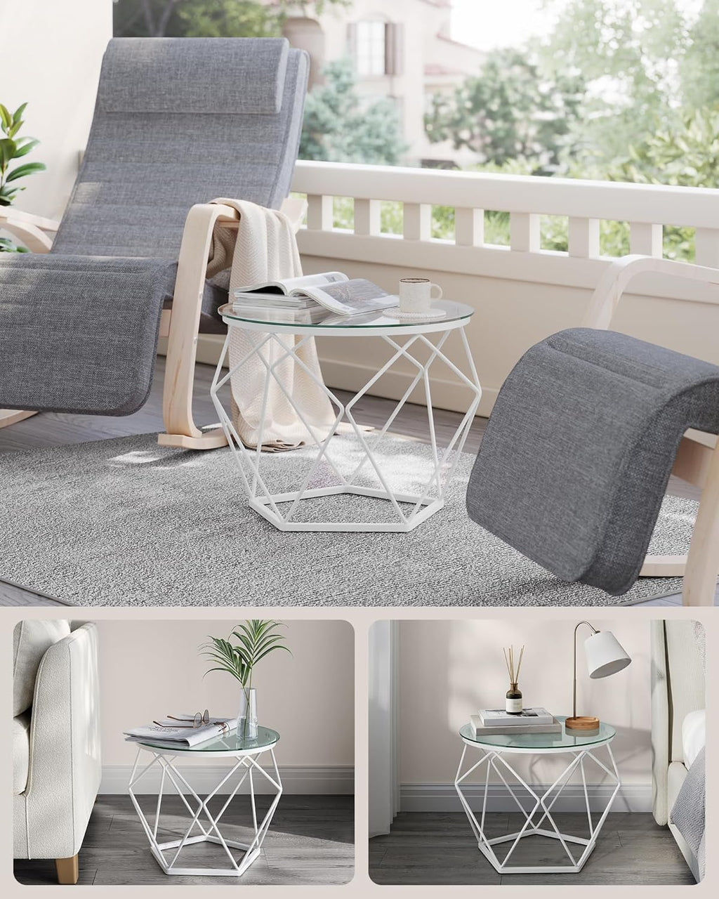 VASAGLE Set 2 masute rotunde, blat sticla securizata, cadru metalic alb, 40 si 50 cm, alb