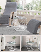 VASAGLE Set 2 masute rotunde, blat sticla securizata, cadru metalic alb, 40 si 50 cm, alb