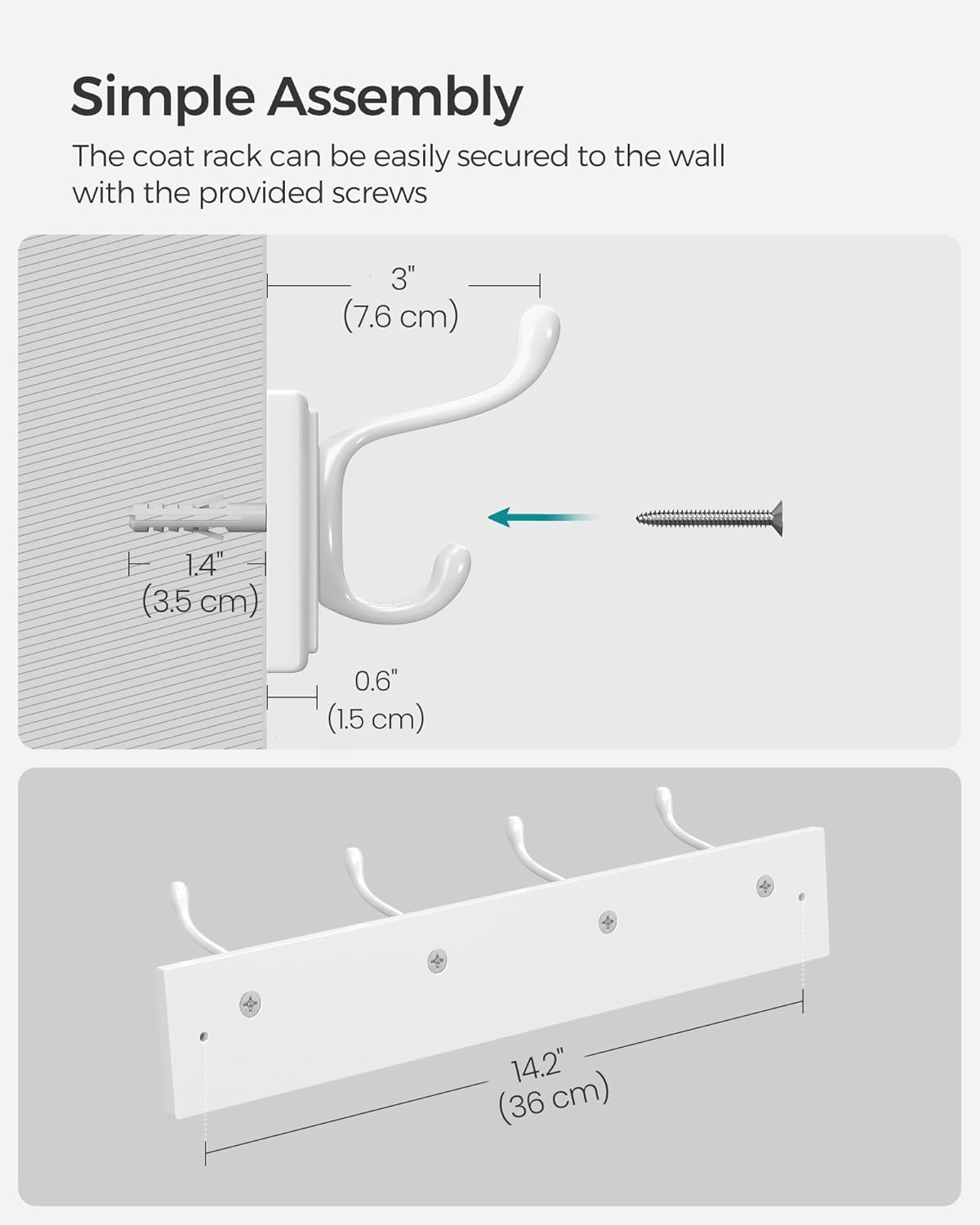 SONGMICS Cuier perete cu 4 carlige duble metalice, MDF, montaj pe perete, 40x8 cm, alb