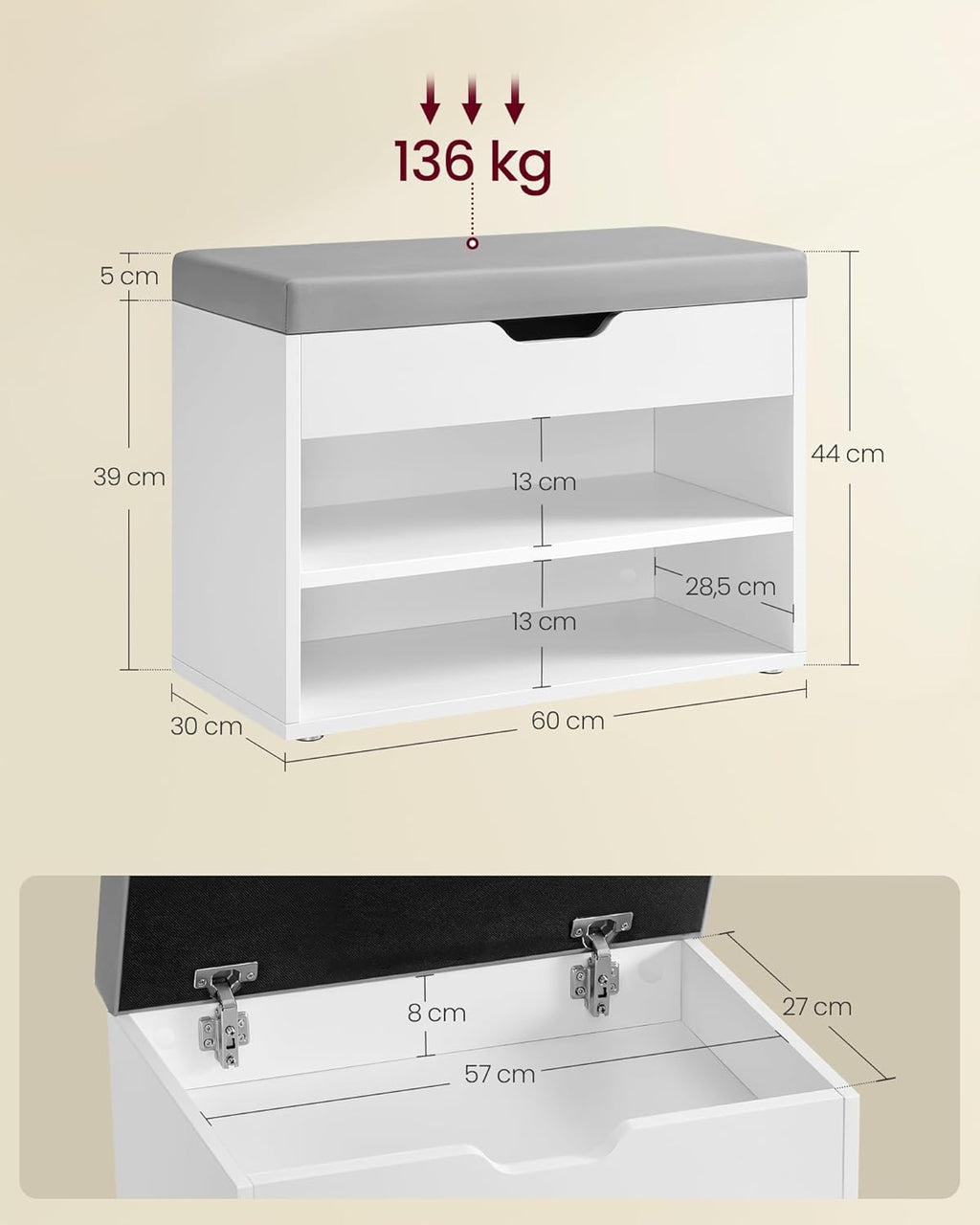VASAGLE Pantofar cu bancheta tapitata, 3 compartimente, PAL si sezut din PU, 60x30x44 cm, alb