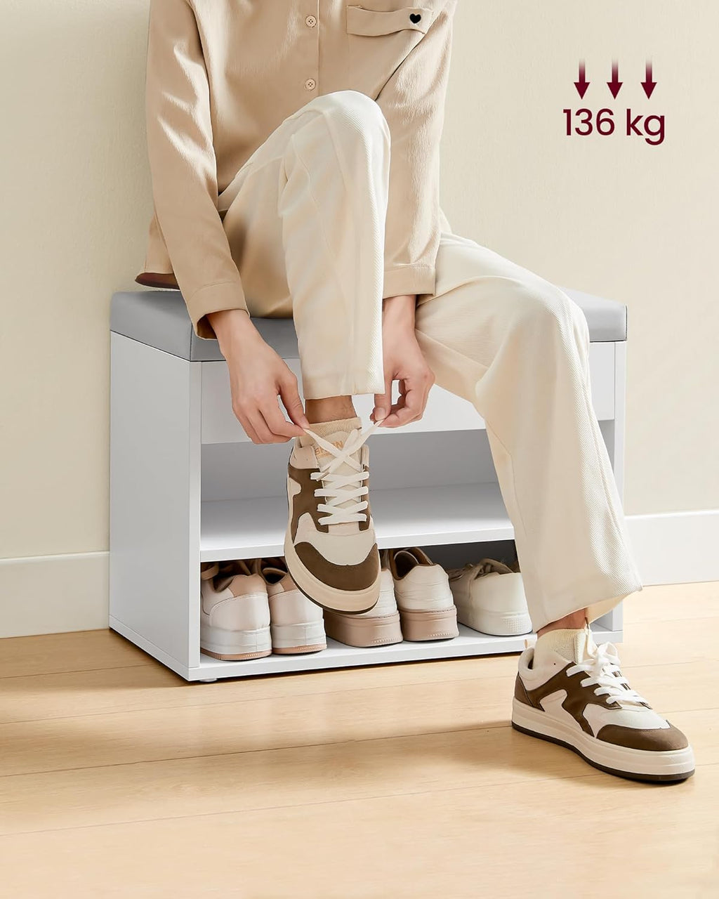 VASAGLE Pantofar cu bancheta tapitata, 3 compartimente, PAL si sezut din PU, 60x30x44 cm, alb