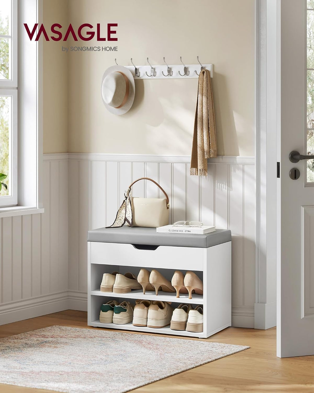 VASAGLE Pantofar cu bancheta tapitata, 3 compartimente, PAL si sezut din PU, 60x30x44 cm, alb