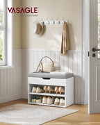 VASAGLE Pantofar cu bancheta tapitata, 3 compartimente, PAL si sezut din PU, 60x30x44 cm, alb