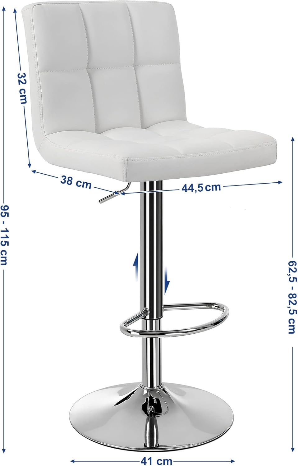 SONGMICS Set 2 scaune bar reglabile pe inaltime, cu spatar, sezut PU si suport picioare, rotatie 360°, 38x45x115 cm, alb
