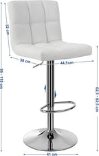 SONGMICS Set 2 scaune bar reglabile pe inaltime, cu spatar, sezut PU si suport picioare, rotatie 360°, 38x45x115 cm, alb
