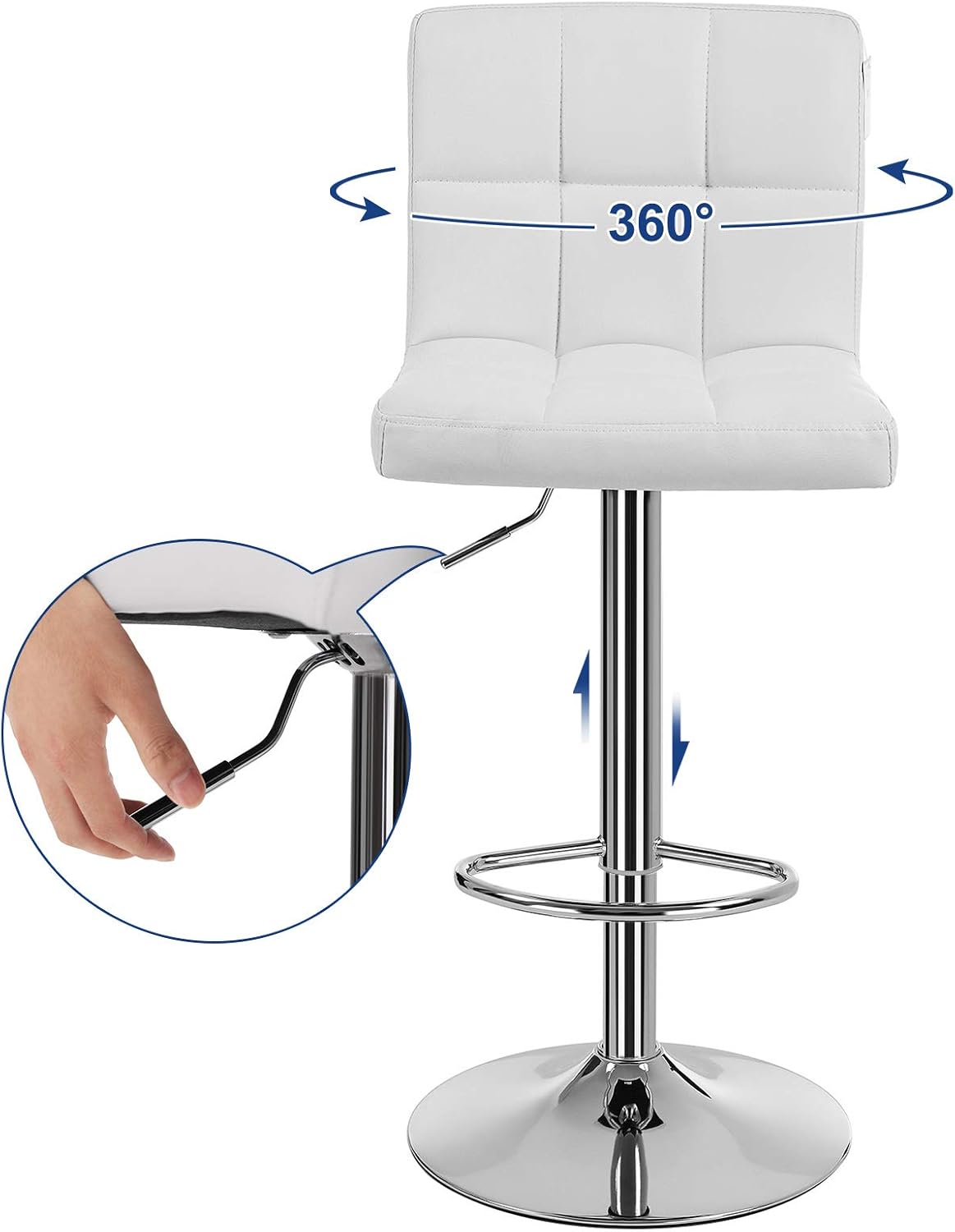SONGMICS Set 2 scaune bar reglabile pe inaltime, cu spatar, sezut PU si suport picioare, rotatie 360°, 38x45x115 cm, alb
