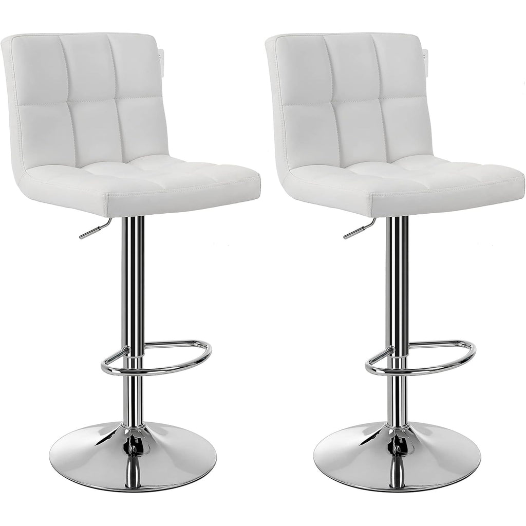 SONGMICS Set 2 scaune bar reglabile pe inaltime, cu spatar, sezut PU si suport picioare, rotatie 360°, 38x45x115 cm, alb