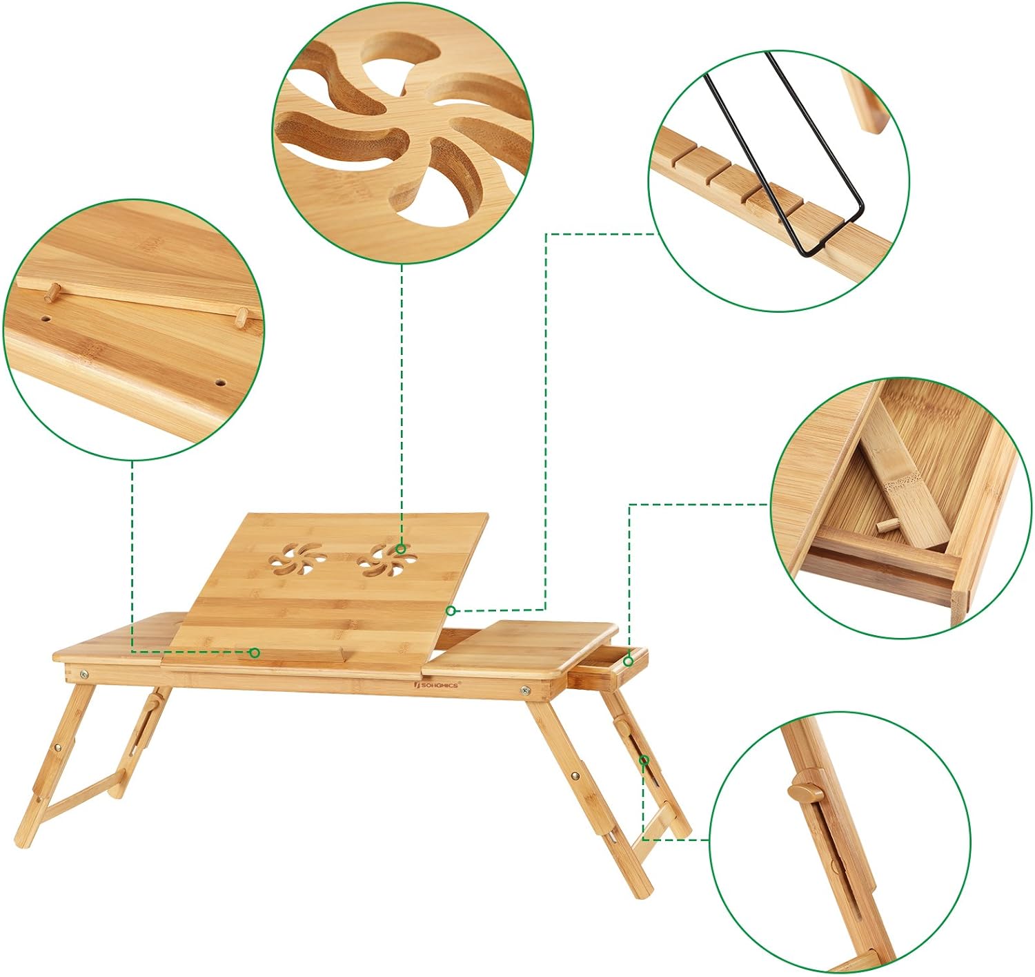 SONGMICS Masa pliabila laptop, din bambus, cu ventilatie si picioare ajustabile, 72x35x29 cm, natur