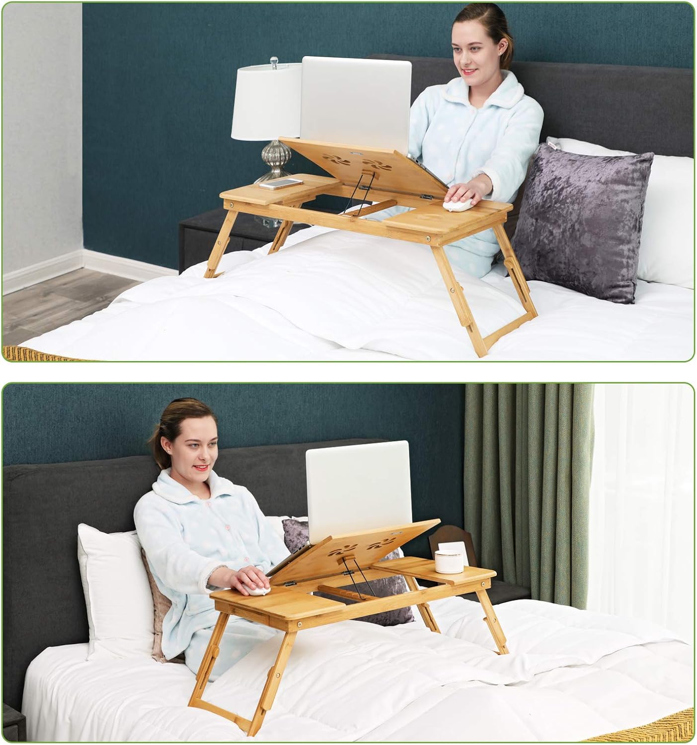 SONGMICS Masa pliabila laptop, din bambus, cu ventilatie si picioare ajustabile, 72x35x29 cm, natur