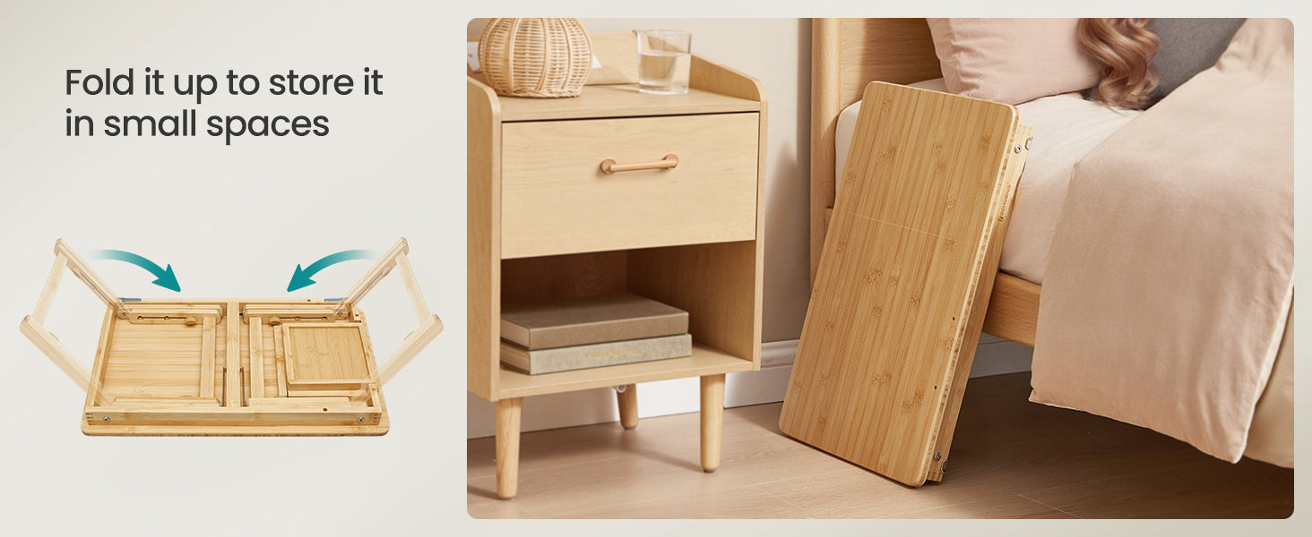 SONGMICS Masuta laptop sau mic dejun, din bambus, reglabila pe inaltime si unghi, cu sertar lateral, 68x35x22-32 cm, natural