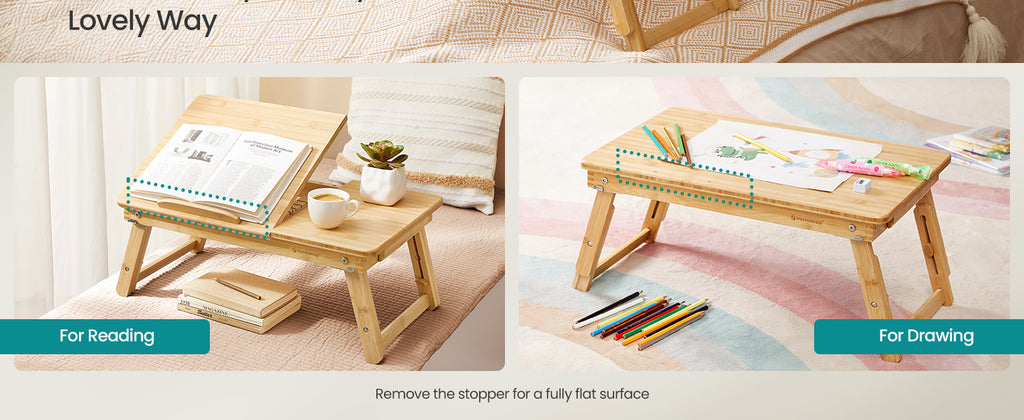 SONGMICS Masuta laptop sau mic dejun, din bambus, reglabila pe inaltime si unghi, cu sertar lateral, 68x35x22-32 cm, natural