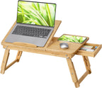 SONGMICS Masuta laptop sau mic dejun, din bambus, reglabila pe inaltime si unghi, cu sertar lateral, 68x35x22-32 cm, natural