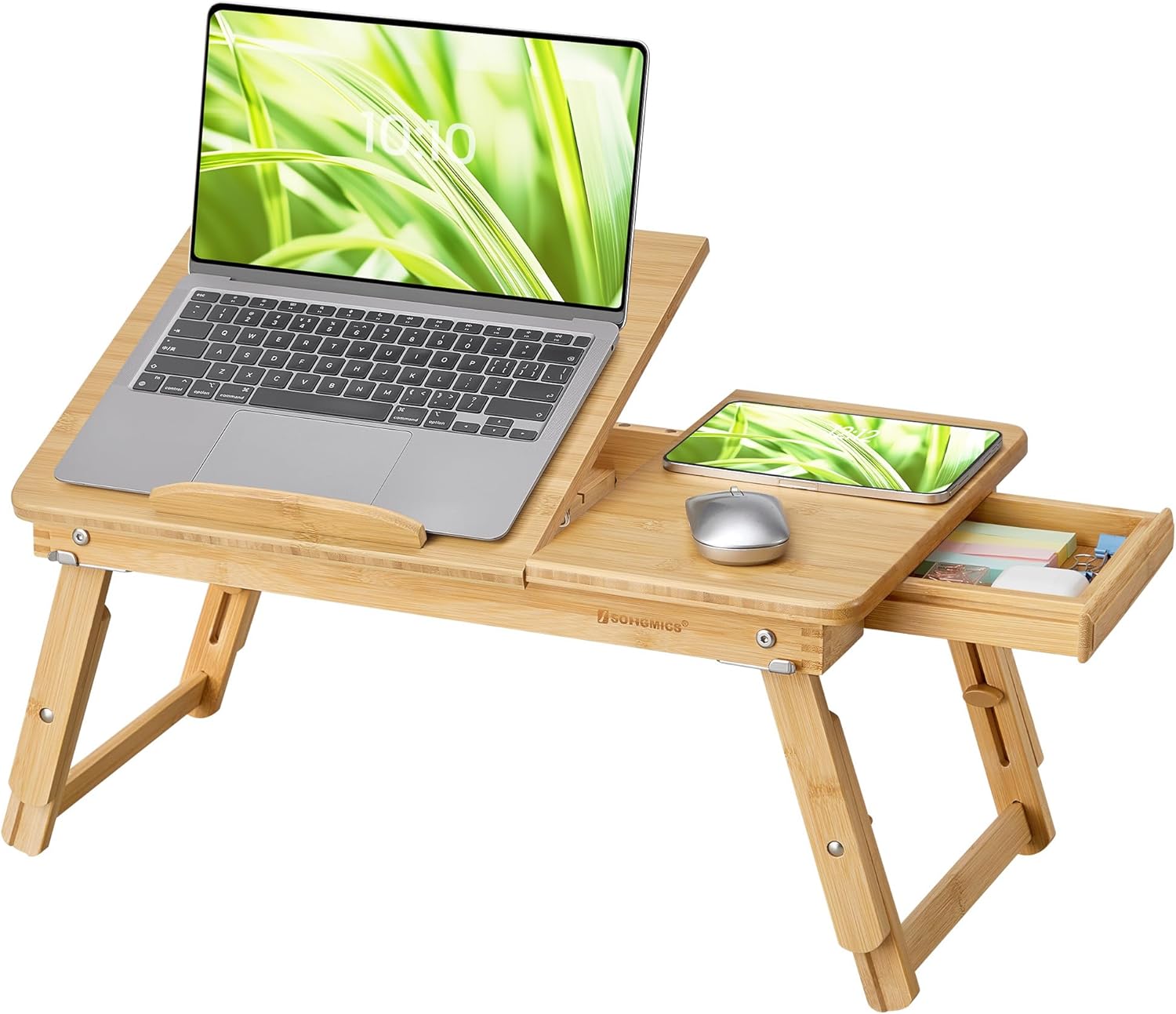 SONGMICS Masuta laptop sau mic dejun, din bambus, reglabila pe inaltime si unghi, cu sertar lateral, 68x35x22-32 cm, natural
