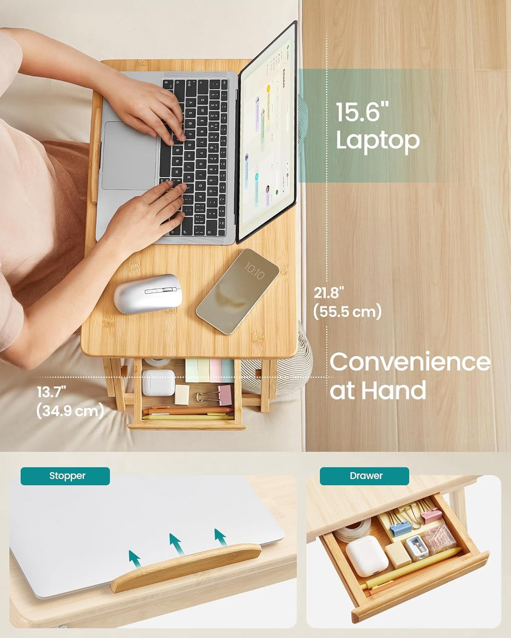 SONGMICS Masuta laptop sau mic dejun, din bambus, reglabila pe inaltime si unghi, cu sertar lateral, 68x35x22-32 cm, natural
