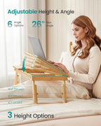 SONGMICS Masuta laptop sau mic dejun, din bambus, reglabila pe inaltime si unghi, cu sertar lateral, 68x35x22-32 cm, natural