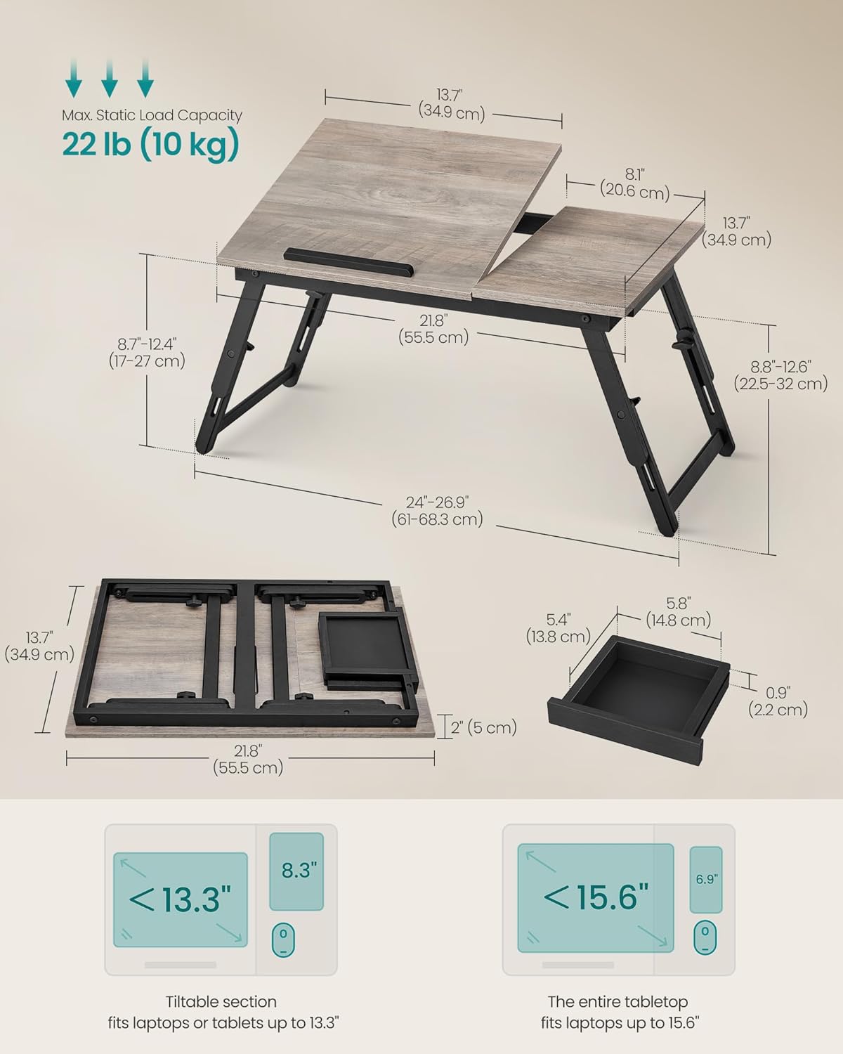 SONGMICS Masa laptop sau mic dejun cu picioare pliabile, din bambus, blat reglabil pe unghi si inaltime, 68x35x32 cm