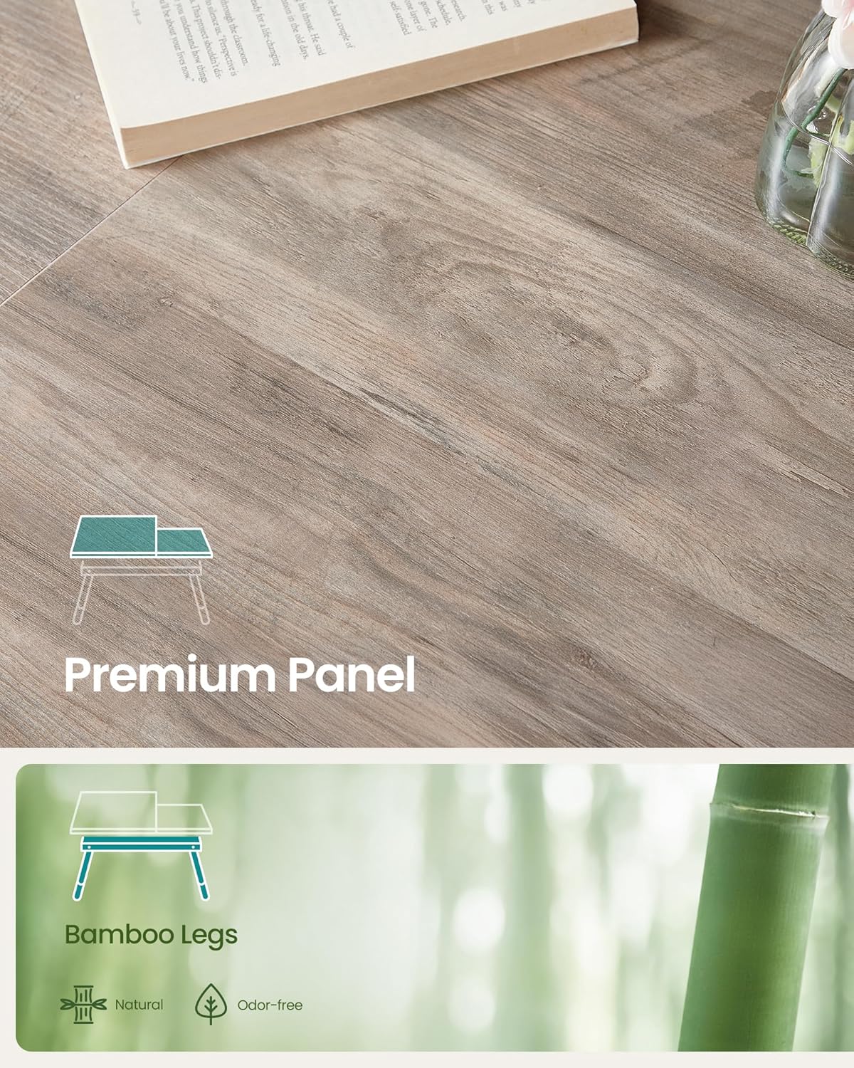 SONGMICS Masa laptop sau mic dejun cu picioare pliabile, din bambus, blat reglabil pe unghi si inaltime, 68x35x32 cm