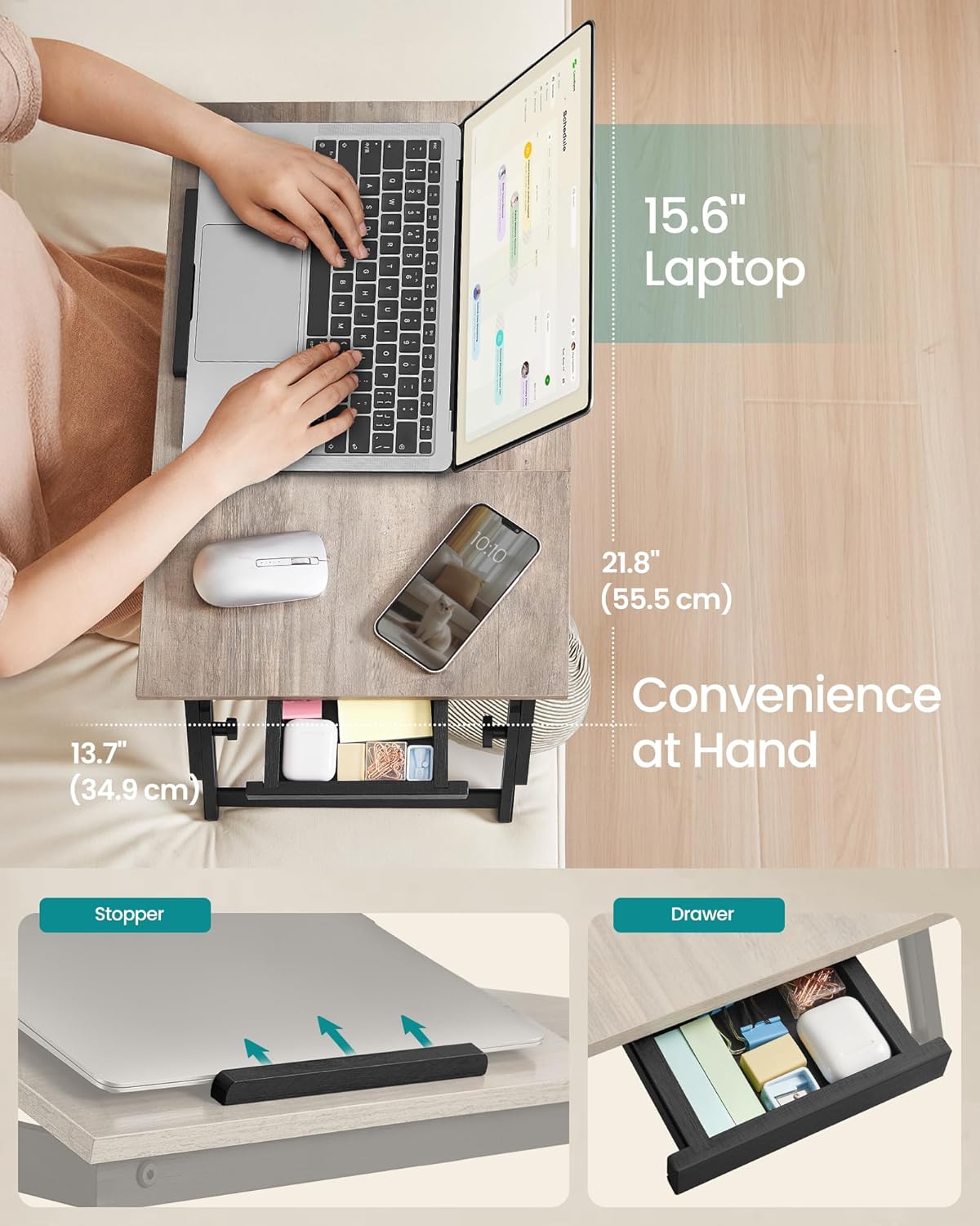 SONGMICS Masa laptop sau mic dejun cu picioare pliabile, din bambus, blat reglabil pe unghi si inaltime, 68x35x32 cm