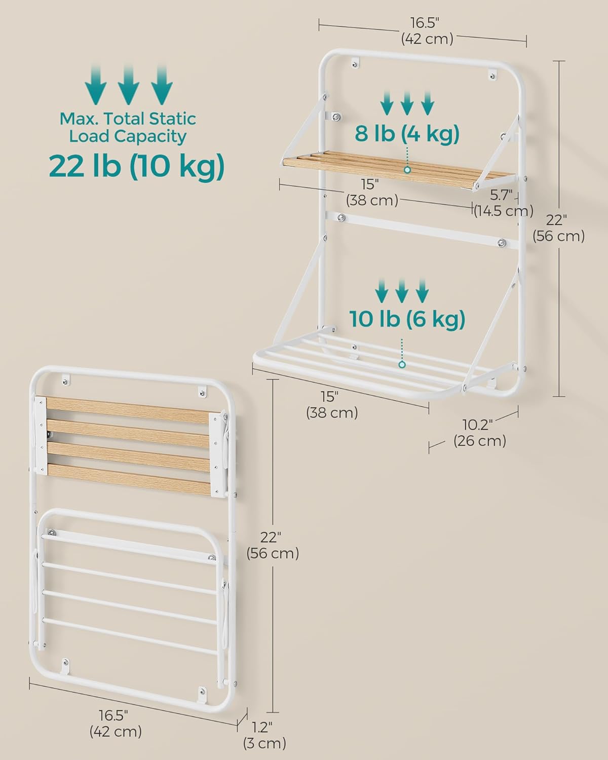 SONGMICS Suport prosoape pliabil de perete, cu 5 bare, polita de depozitare, otel, 26x38x56 cm, alb