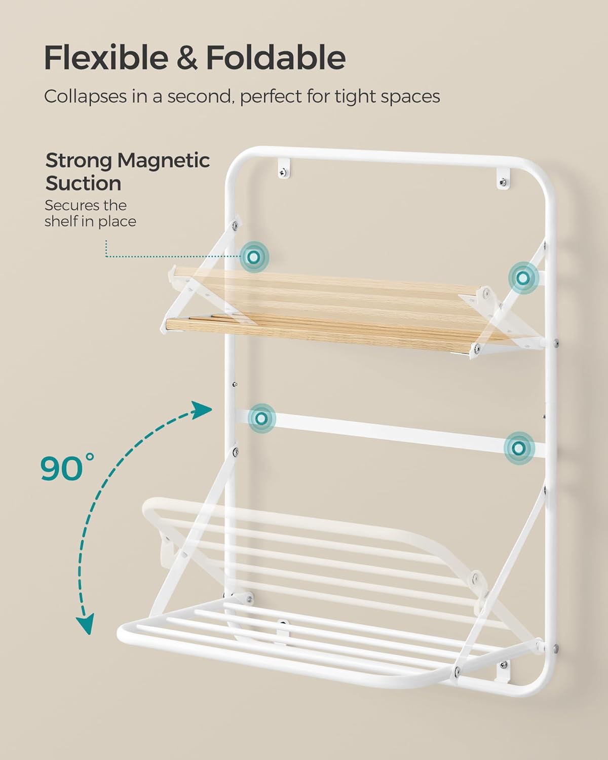 SONGMICS Suport prosoape pliabil de perete, cu 5 bare, polita de depozitare, otel, 26x38x56 cm, alb