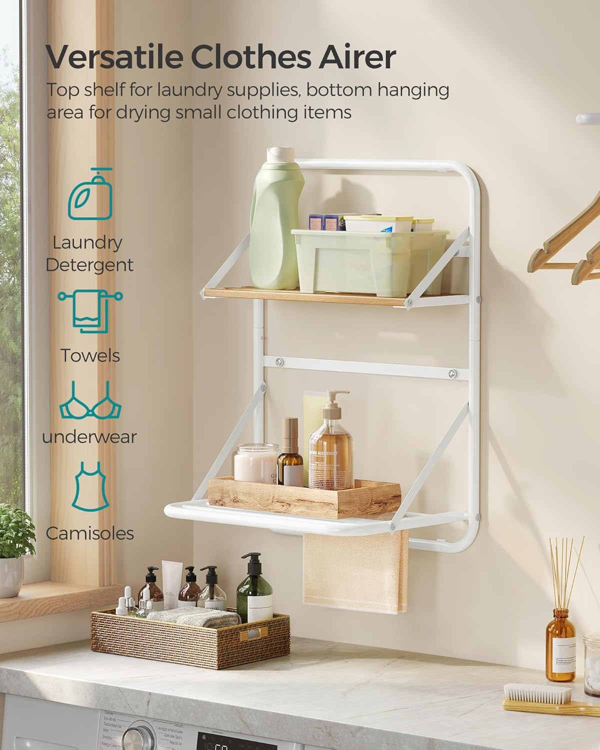 SONGMICS Suport prosoape pliabil de perete, cu 5 bare, polita de depozitare, otel, 26x38x56 cm, alb