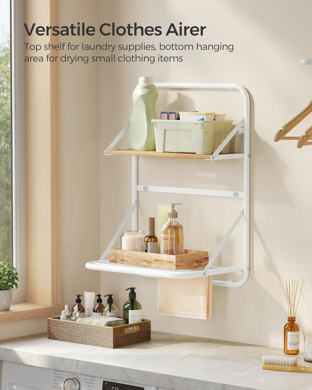 SONGMICS Suport prosoape pliabil de perete, cu 5 bare, polita de depozitare, otel, 26x38x56 cm, alb