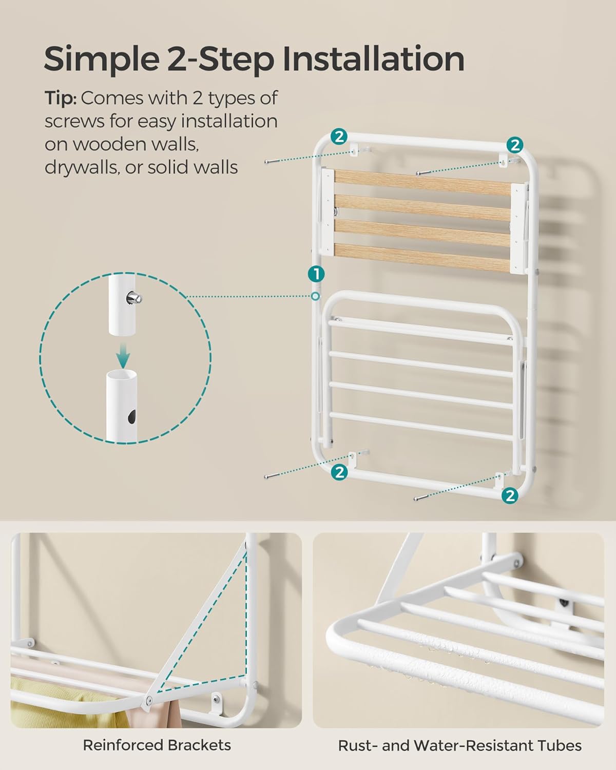 SONGMICS Suport prosoape pliabil de perete, cu 5 bare, polita de depozitare, otel, 26x38x56 cm, alb