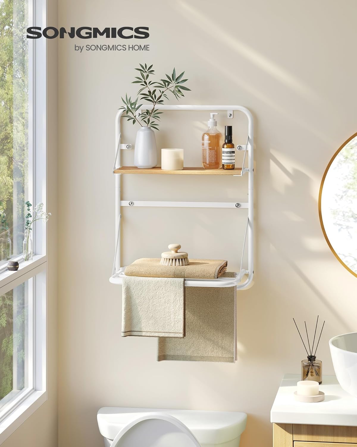 SONGMICS Suport prosoape pliabil de perete, cu 5 bare, polita de depozitare, otel, 26x38x56 cm, alb