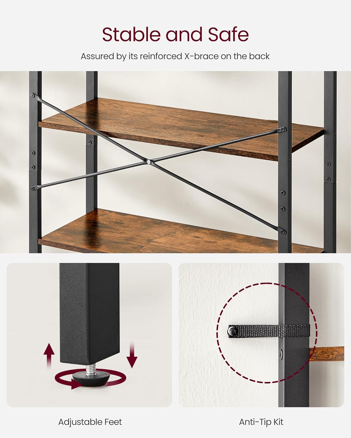 VASAGLE Biblioteca cu 6 rafturi, etajera stil industrial, PAL si cadru metalic, 30x80x186 cm, maro rustic