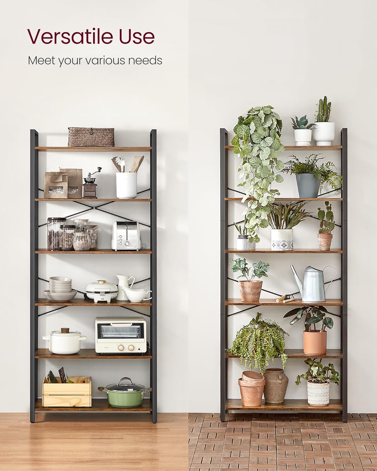 VASAGLE Biblioteca cu 6 rafturi, etajera stil industrial, PAL si cadru metalic, 30x80x186 cm, maro rustic