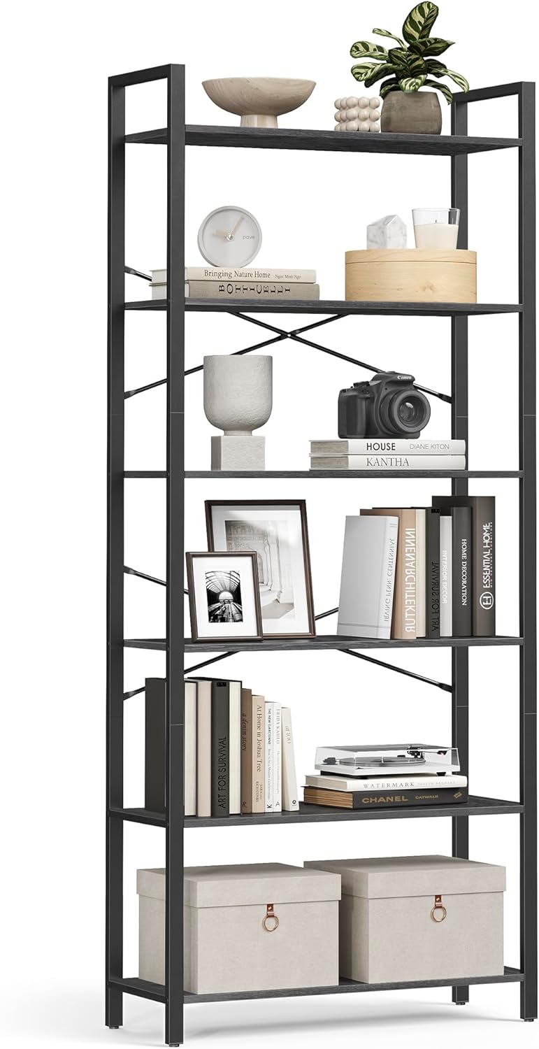 VASAGLE Biblioteca 6 rafturi, cadru metalic si polite PAL, stil industrial, 80x30x186 cm, negru