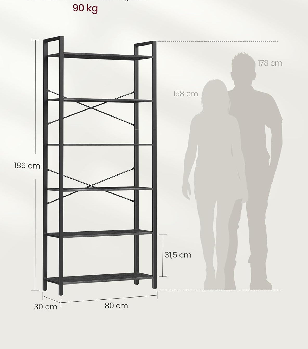 VASAGLE Biblioteca 6 rafturi, cadru metalic si polite PAL, stil industrial, 80x30x186 cm, negru