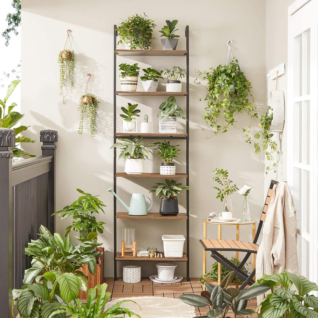 VASAGLE Etajera tip scara 6 rafturi, PAL si cadru metalic, 60x30x205 cm, maro rustic