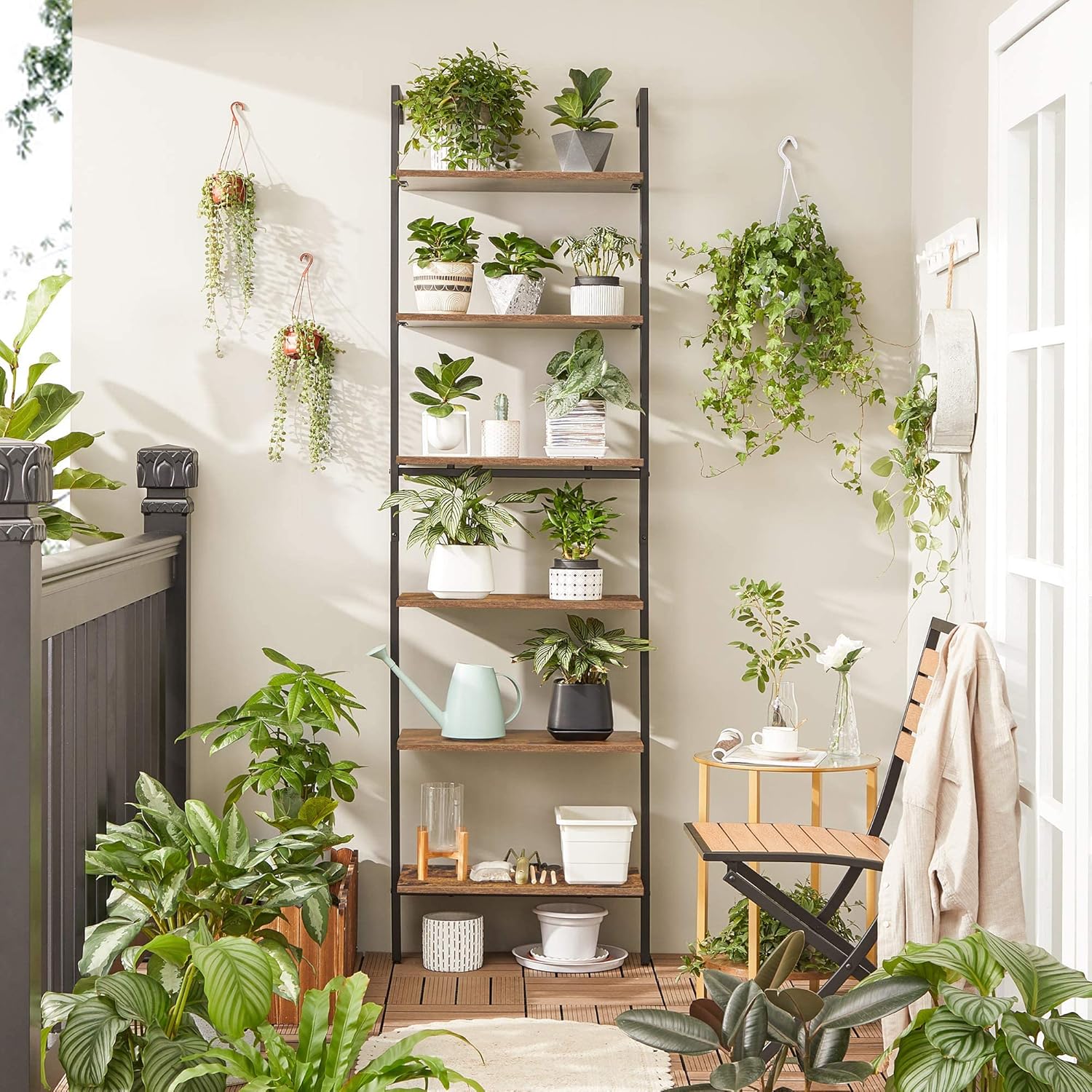 VASAGLE Etajera tip scara 6 rafturi, PAL si cadru metalic, 60x30x205 cm, maro rustic