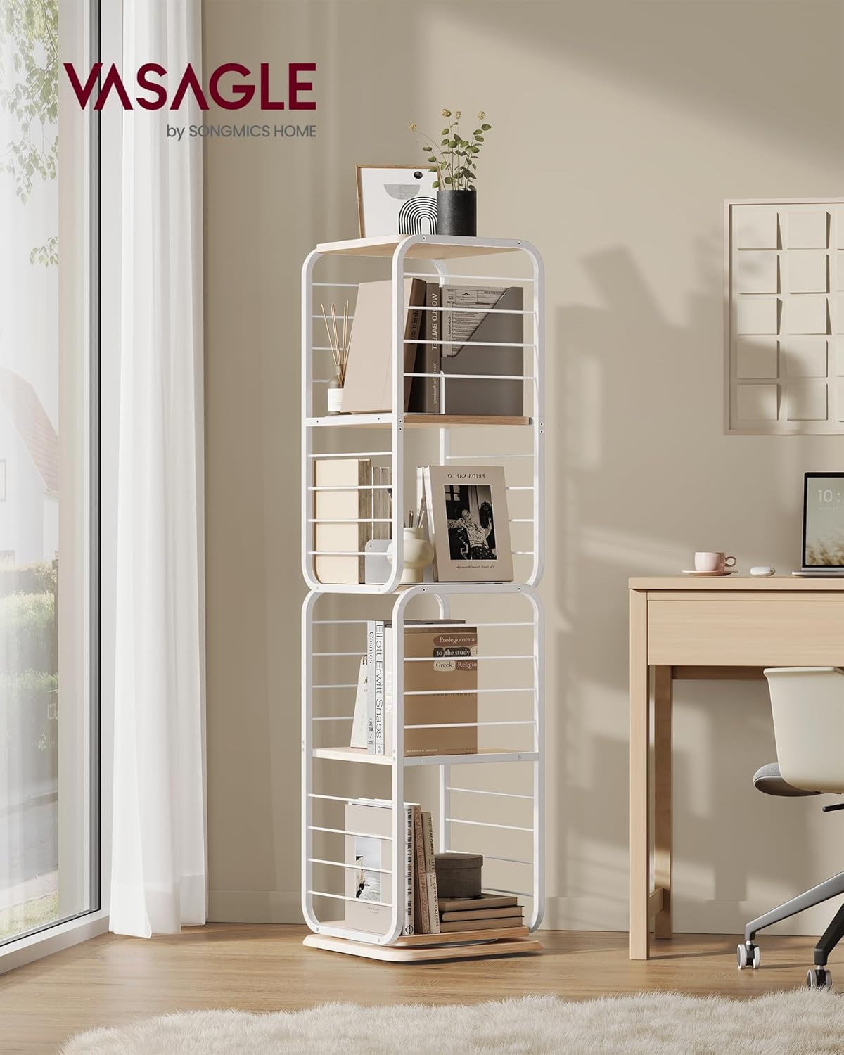 VASAGLE Biblioteca rotativa 360 grade, cadru metalic, cu 5 polite MDF, 43x43x158cm, alb
