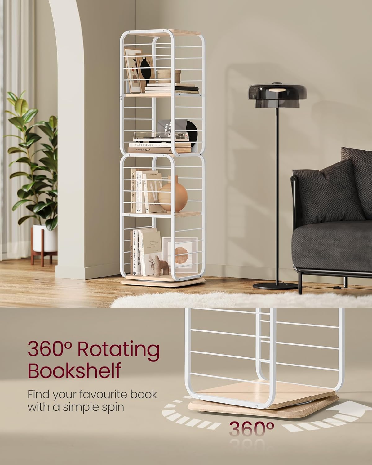 VASAGLE Biblioteca rotativa 360 grade, cadru metalic, cu 5 polite MDF, 43x43x158cm, alb