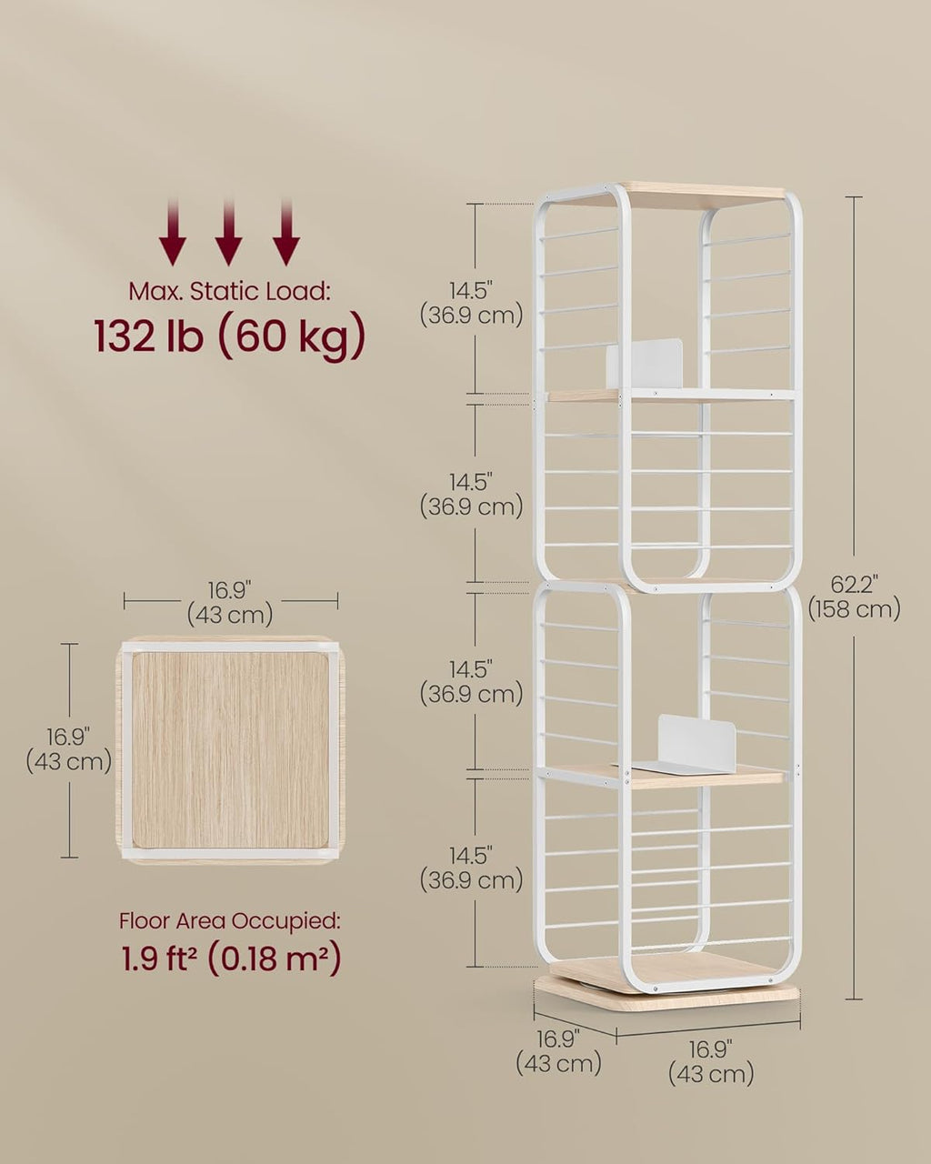 VASAGLE Biblioteca rotativa 360 grade, cadru metalic, cu 5 polite MDF, 43x43x158cm, alb
