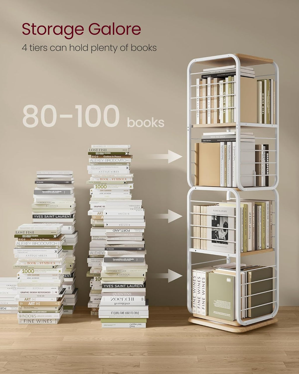 VASAGLE Biblioteca rotativa 360 grade, cadru metalic, cu 5 polite MDF, 43x43x158cm, alb