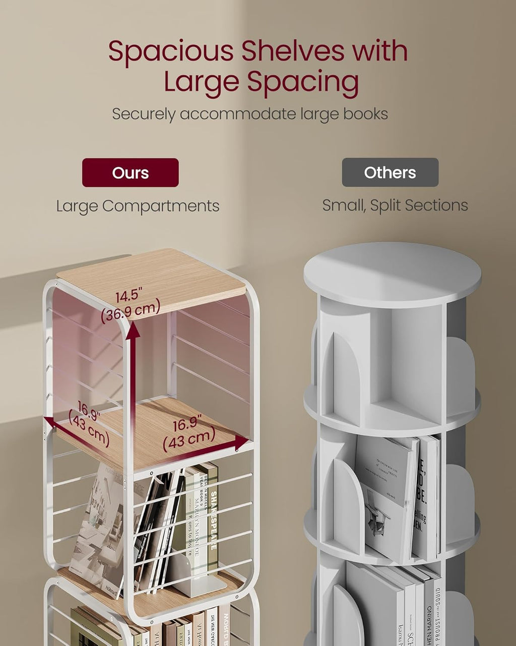 VASAGLE Biblioteca rotativa 360 grade, cadru metalic, cu 5 polite MDF, 43x43x158cm, alb