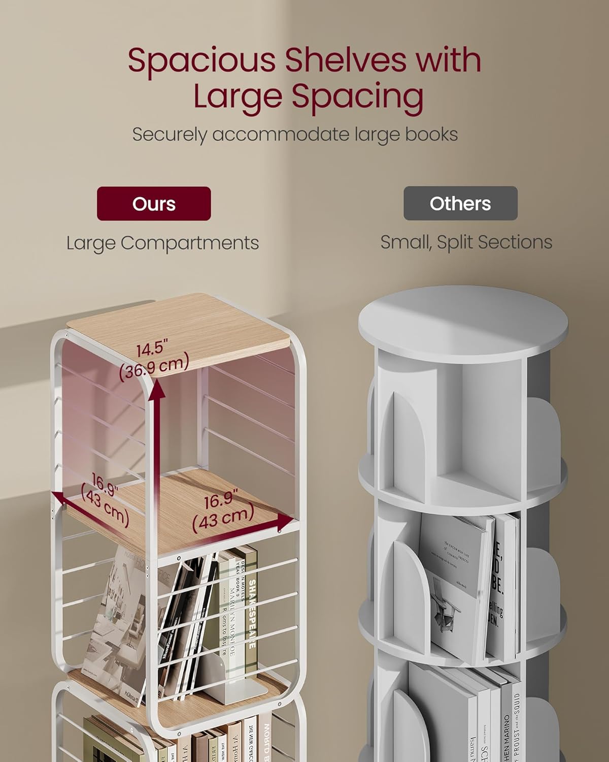 VASAGLE Biblioteca rotativa 360 grade, cadru metalic, cu 5 polite MDF, 43x43x158cm, alb