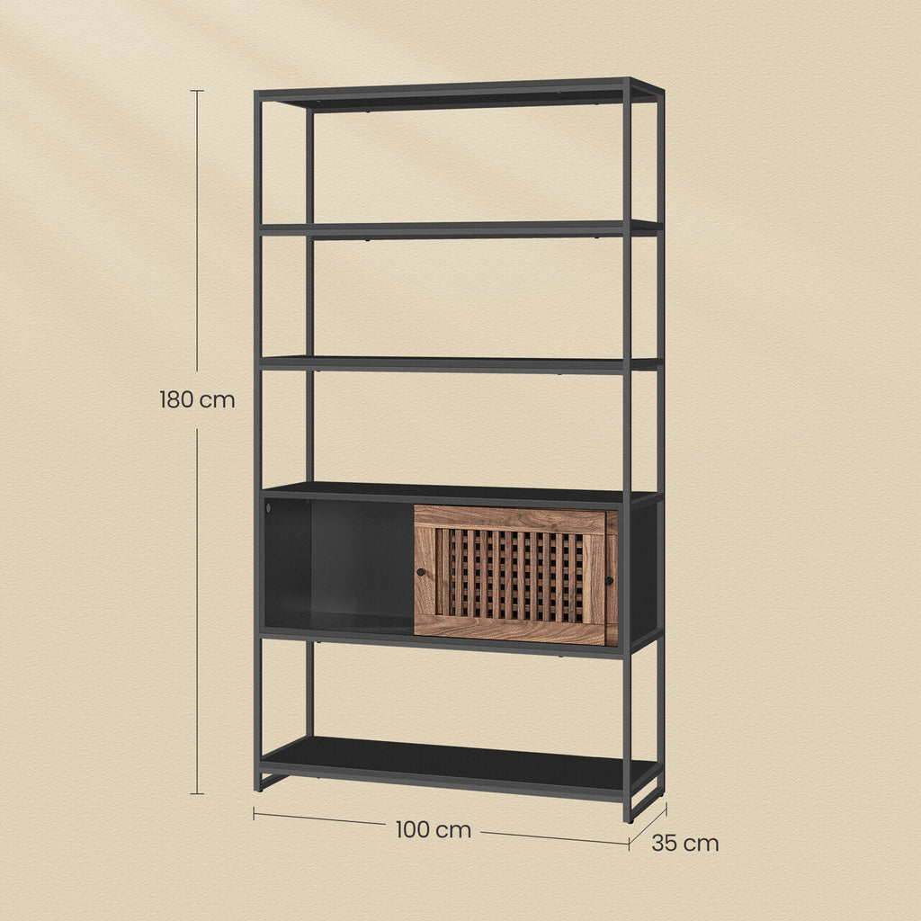 VASAGLE Biblioteca cu 5 rafturi si dulap, rama metalica si finisaj MDF nuc, 100x35x180 cm, negru