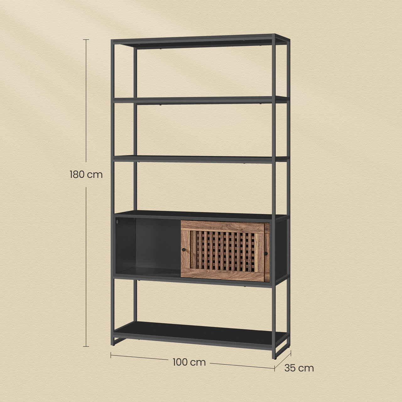 VASAGLE Biblioteca cu 5 rafturi si dulap, rama metalica si finisaj MDF nuc, 100x35x180 cm, negru
